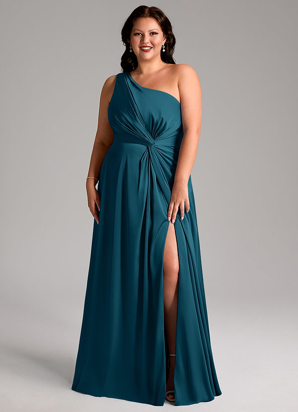 Azazie Brooke Robes Demoiselle d'honneur Robe Trapèze en Satin extensible Une épaule Bleu Encre image1