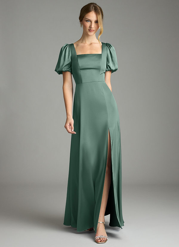 Azazie Fyona Bruidsmeisjes Jurken Jurk van Stretch Satijn met A-Lijn Geplooid Eucalyptus image1