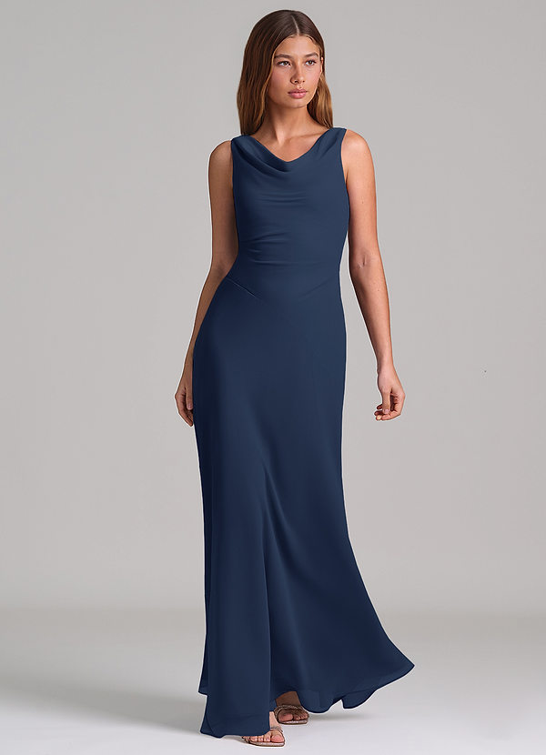 Azazie Nerine Brudtärneklänningar Klä av A-Linje i Chiffong Plisserad Mörk Marinblå image1
