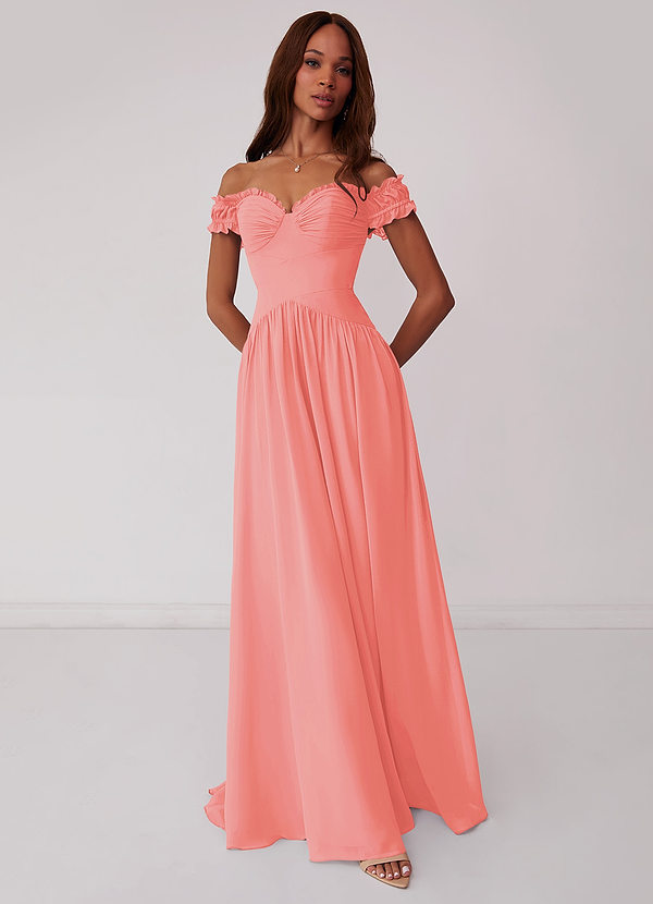 Barbie ♥ Azazie Bridesmaid Dresses Coral A-Line Off the Shoulder Chiffon Convertible Dress image1
