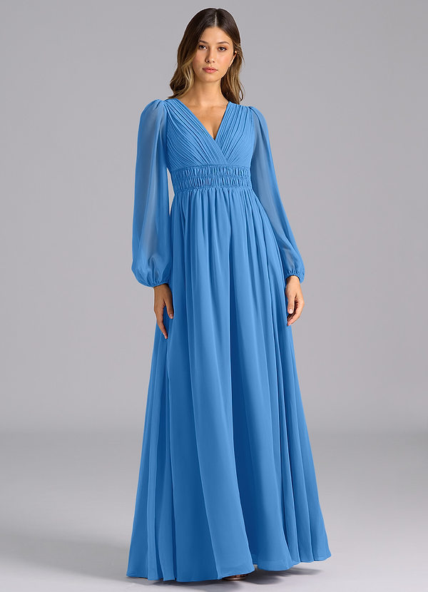 Azazie Palerma Bridesmaid Dresses Blue Jay A-Line Long Sleeve Chiffon Dress image1