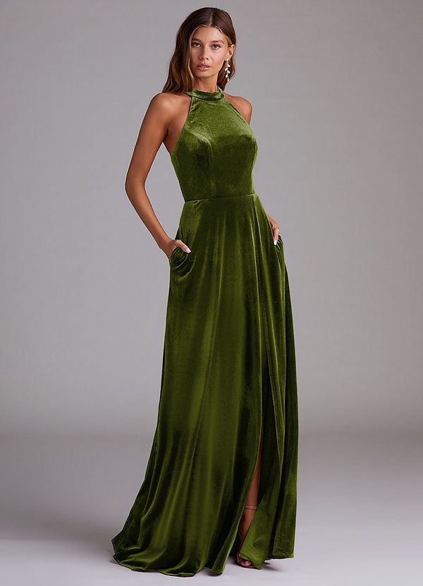 Azazie Larice Bridesmaid Dresses Olive A-Line with Pockets Velvet Dress image1