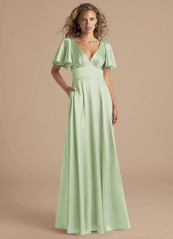 Azazie Kimber Bridesmaid Dresses Dusty Sage A-Line Ruched Metallic Satin Dress image1