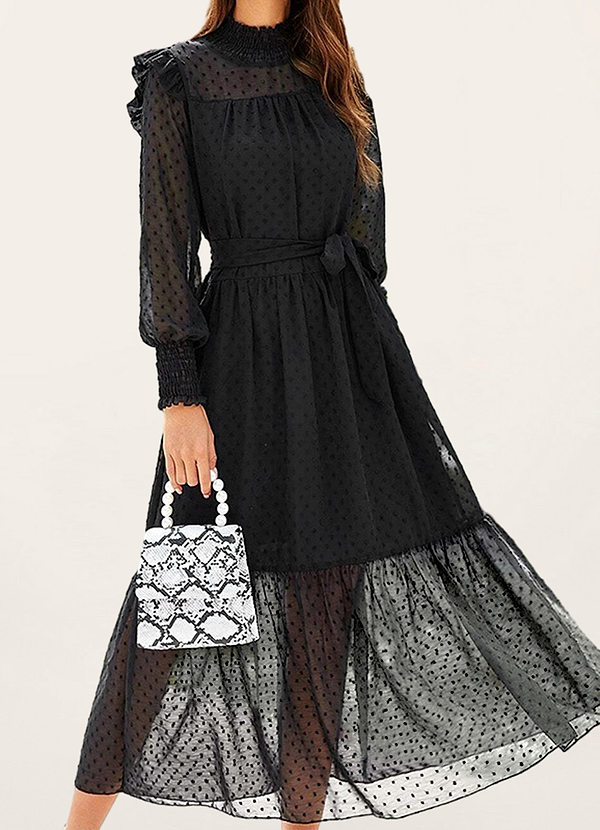 front clarkston Negro Vestido midi de manga larga con lunares suizos