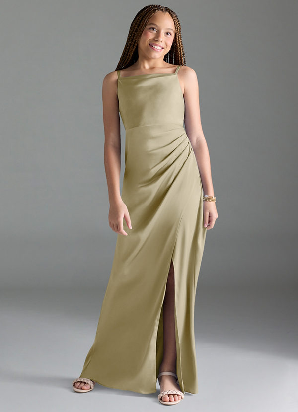 Azazie Leonis Junior Moss Green A-Line Pleated Stretch Satin Dress image1