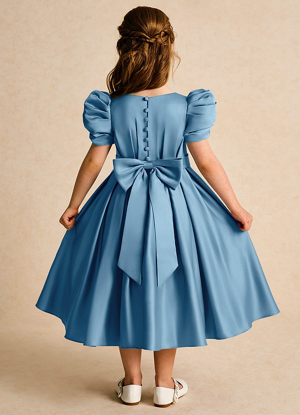 Azazie Miriam Abiti da Ragazza di Fiori Abito Principessa in Raso Opaco Plissettato Blu Acciaio image1