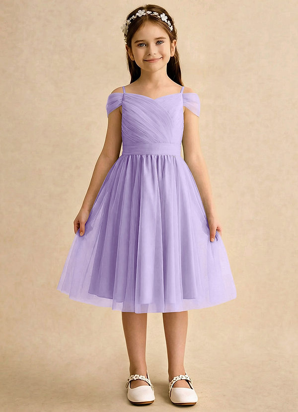 Azazie Lila Girls Formal Flower Girl Dresses Lilac A-Line Off the Shoulder Tulle Dress image1