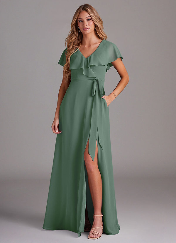 Azazie Lainey Bridesmaid Dresses Eucalyptus A-Line with Pockets Chiffon Dress image1