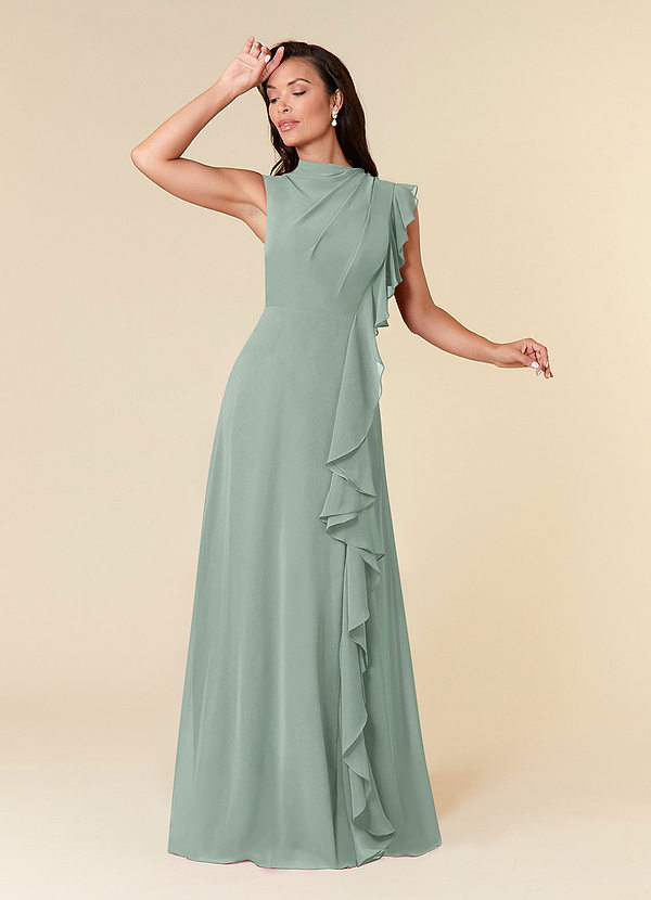 Azazie Narine Vestidos para la madre de la novia Vestido Agave de Gasa de Corte en A con Cuello alto plisado image1
