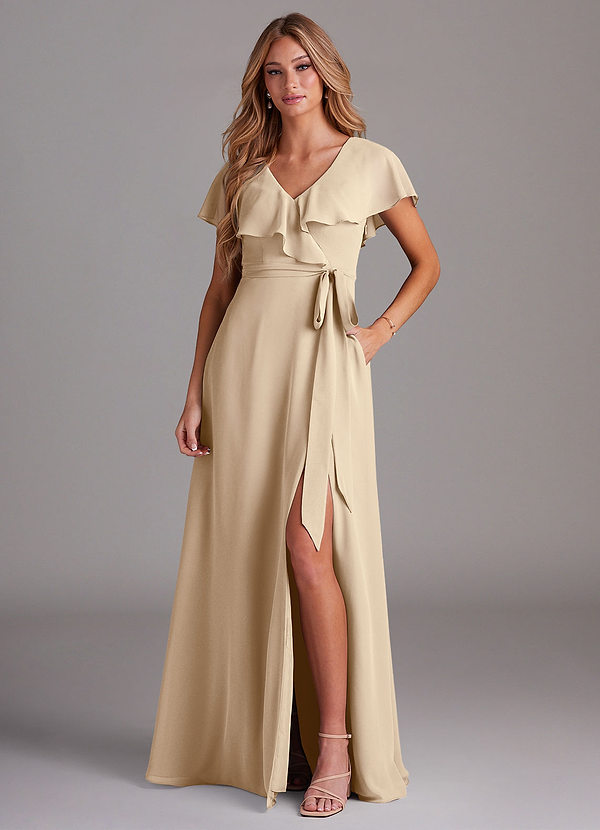 Azazie Lainey Bridesmaid Dresses Champagne A-Line with Pockets Chiffon Dress image1