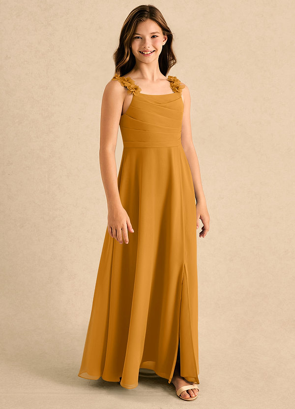 Azazie Masie Girls Formal Bloemenmeisjesjurken A-Lijn Jurk van Chiffon Geplooide Boterbabbelaar image1
