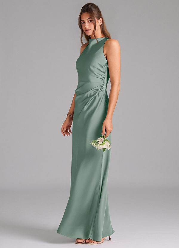 Azazie Evadne Bridesmaid Dresses Silver Sage Sheath Pleated Stretch Satin Dress image1