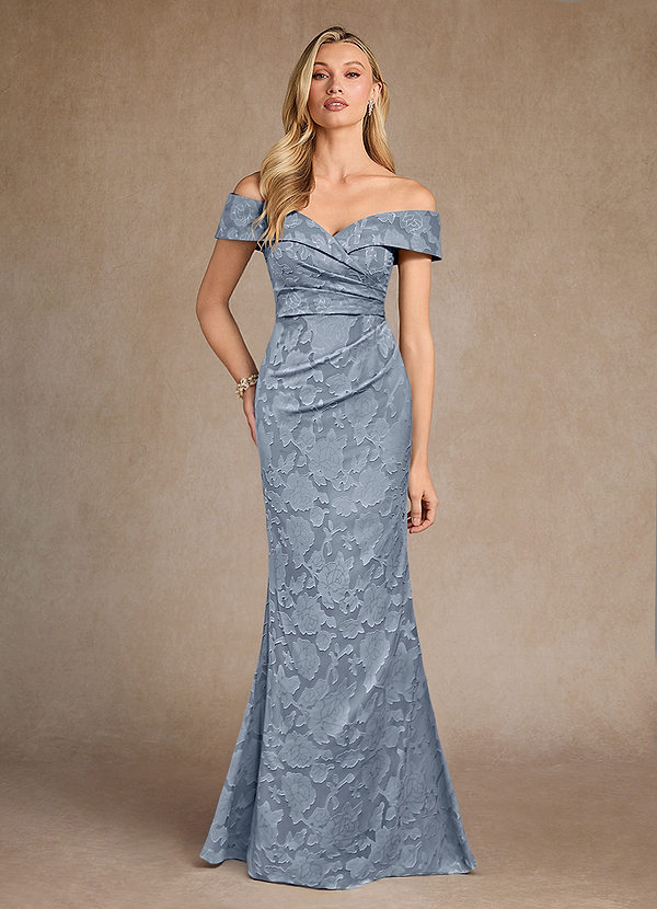 Azazie Canton Abiti da Mamma Sposa Abito Sirena in Burnout Floreale a Spalla Scoperta Blu Polveroso image1