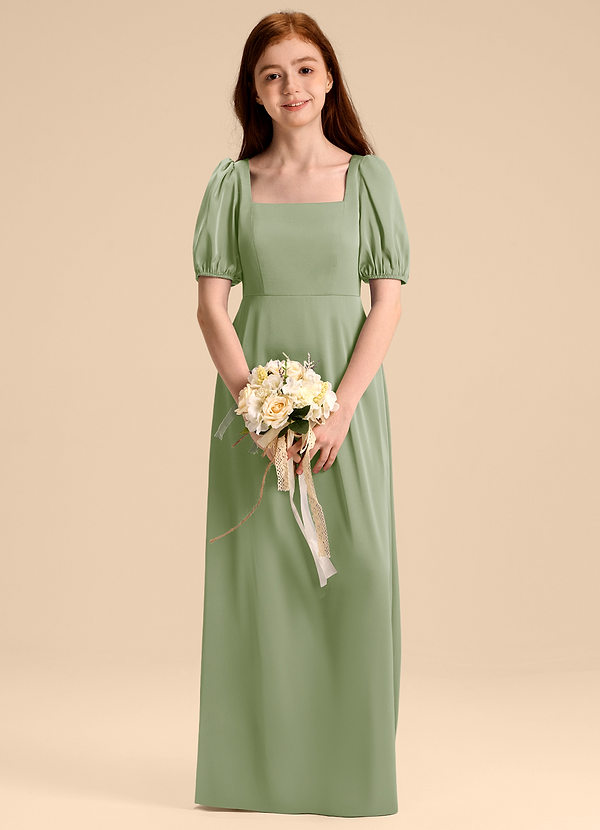 Azazie Briar Junior Robe Trapèze en Satin extensible Arc Vert Sauge image1