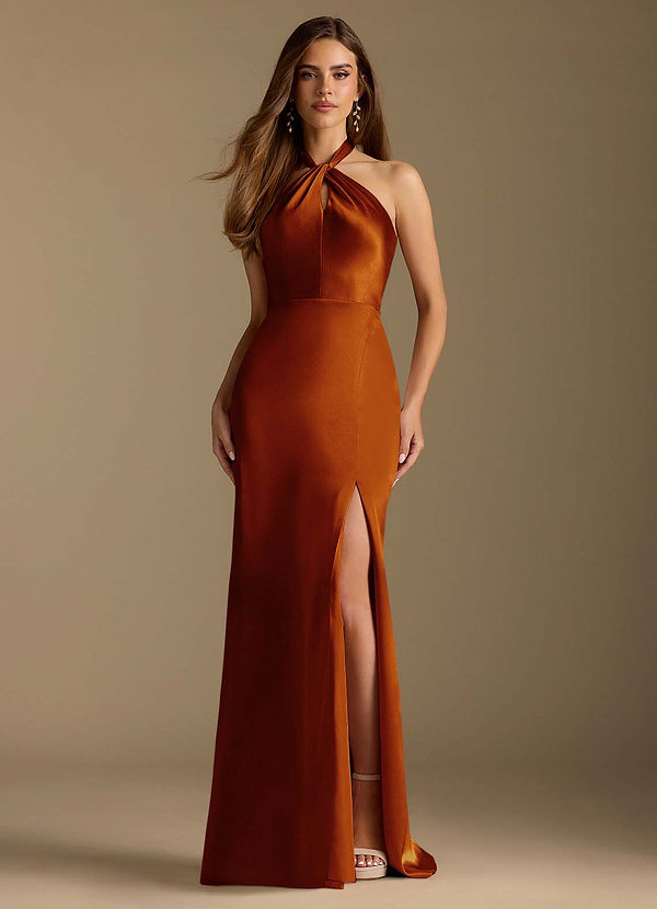 Azazie Tracie Bridesmaid Dresses Auburn A-Line Pleated Metallic Satin Dress image1