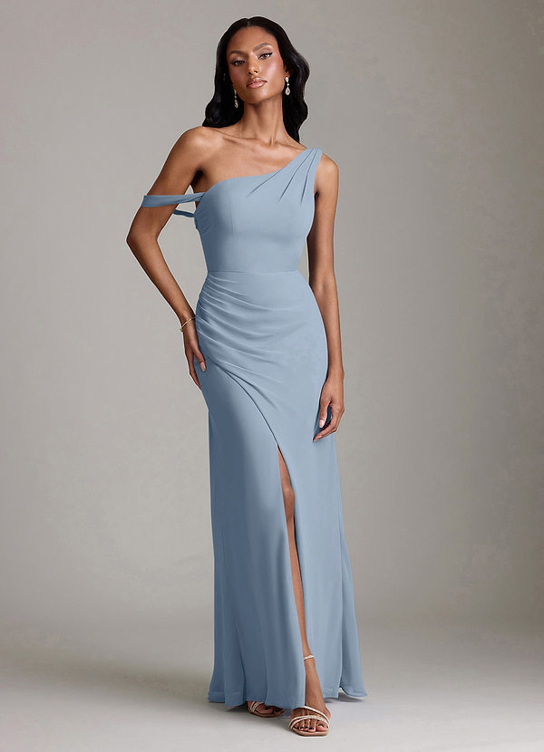 Azazie Madelyn Bridesmaid Dresses Dusty Blue Mermaid One Shoulder Chiffon Convertible Dress image1