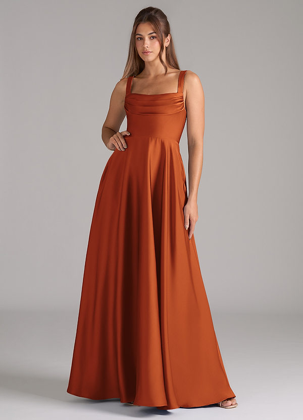 Azazie Shaude Bridesmaid Dresses Cinnamon A-Line Pleated Stretch Satin Dress image1