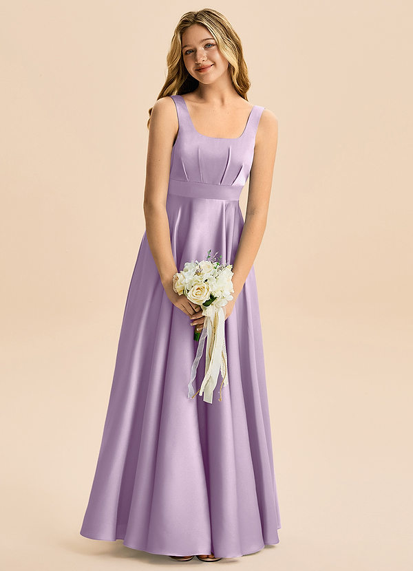 Azazie Gabby Junior A-linja Pliseerattu Joustava satiini Lattian pituus Nuorempi morsiusneito Pukeutua image1