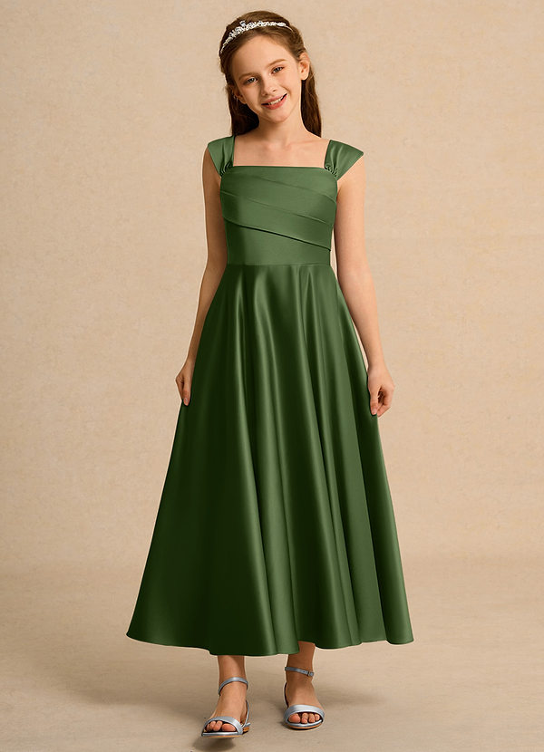 Azazie Bundle Girls Formal Abiti da Damigella Bambina Abito A-Line in Raso Opaco Plissettato Oliva image1