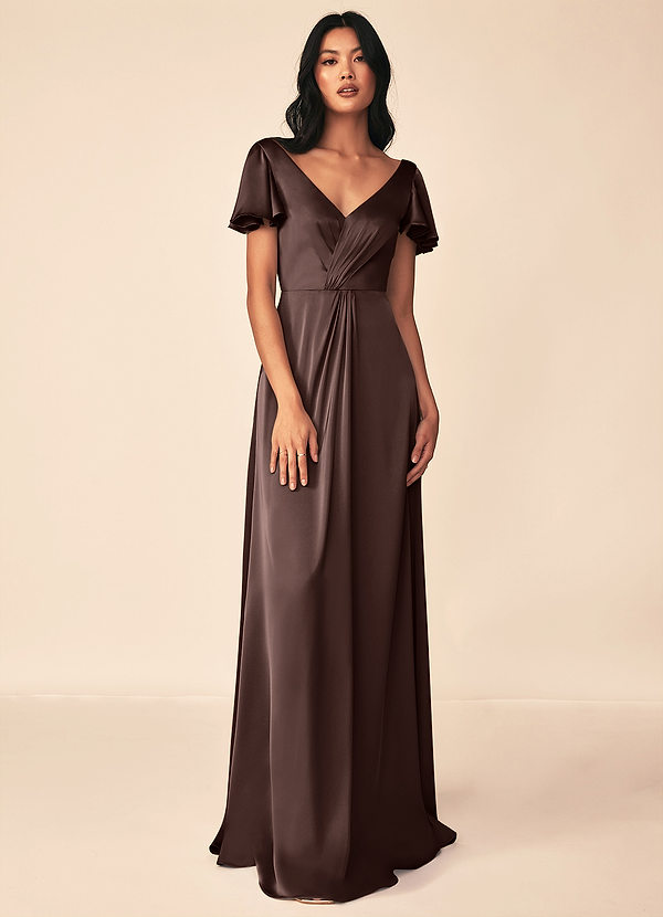 Azazie Soren Bridesmaid Dresses Ganache A-Line Pleated Stretch Satin Dress image1