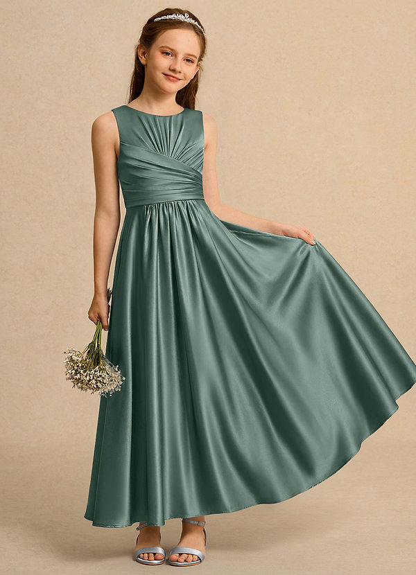 Azazie Ducky Girls Formal Flower Girl Dresses Sea Moss A-Line Pleated Stretch Satin Dress image1