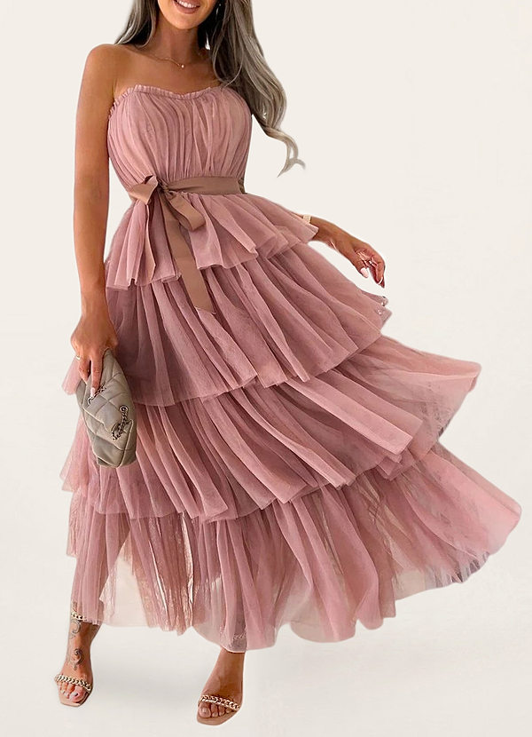 front Tulle-Proof Blushing Pink Tulle Strapless Tiered Maxi Dress