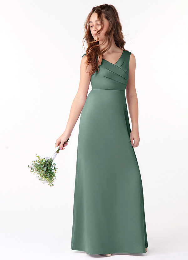 Azazie Sadia Junior Eucalyptus A-Line Pleated Stretch Satin Dress image1