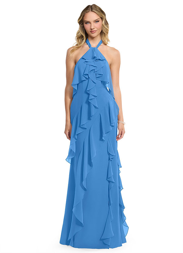 Azazie Velma Bridesmaid Dresses Blue Jay A-Line Side Slit Chiffon Dress image1