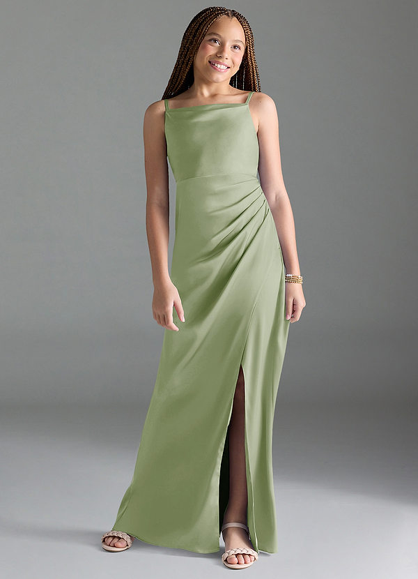 Azazie Leonis Junior A-Linie Plissee Stretch-Satin Kleid Staubiger Salbeigrün image1