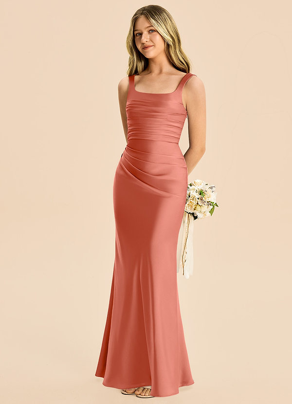 Agustina Junior Salmon Pink Sheath Pleated Stretch Satin Dress image1