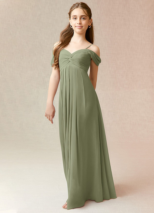 Azazie Kaitlynn Junior Pistachio A-Line Off the Shoulder Chiffon Dress image1