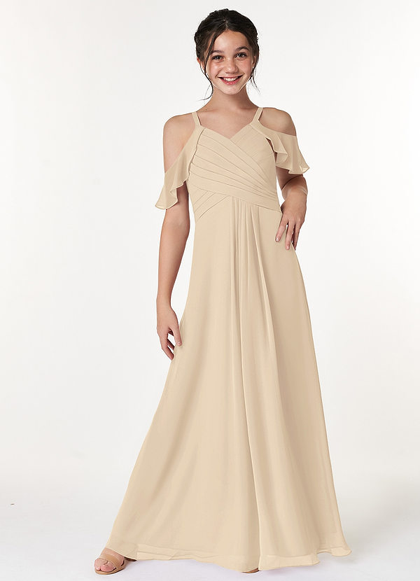 Azazie Dakota Junior Champagne A-Line Off the Shoulder Chiffon Dress image1