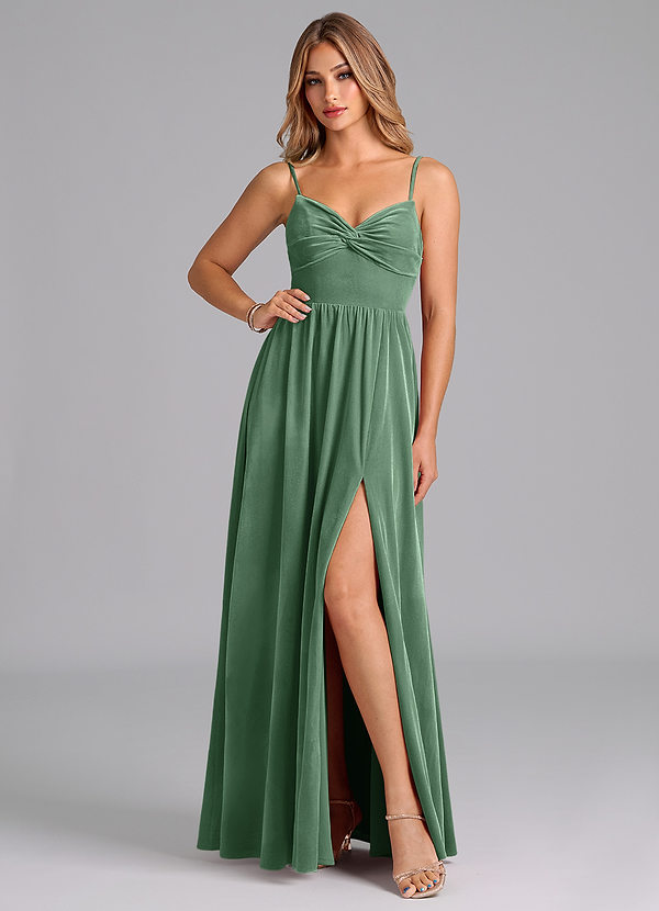 Azazie Zeya Bridesmaid Dresses Eucalyptus A-Line Pleated Velvet Dress image1