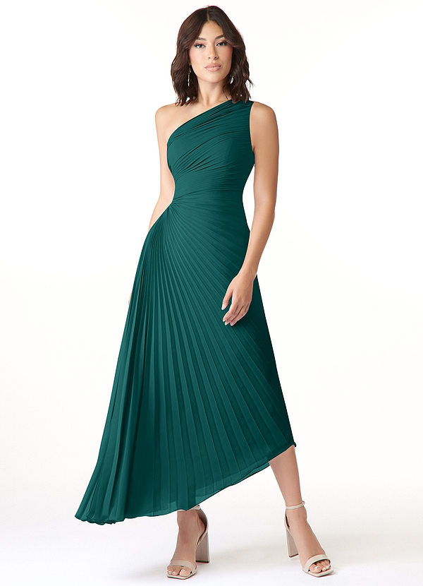 Azazie Kirra Bridesmaid Dresses Peacock A-Line One Shoulder Chiffon Dress image1