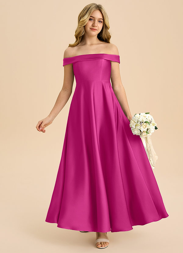 Azazie Sissy Junior Abito A-Line in Raso Elasticizzato a Spalla Scoperta Fucsia image1