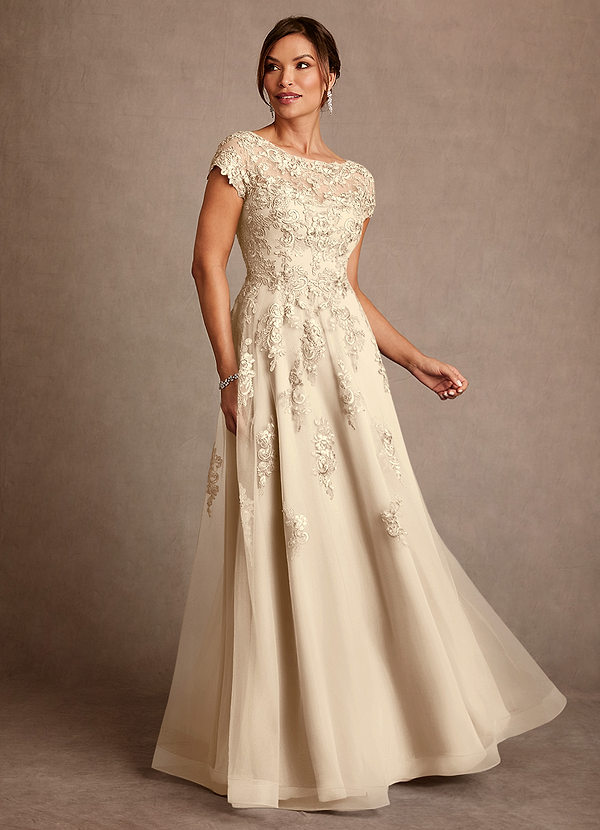 Azazie Jalinda Mother of the Brides Dresses Champagne A-Line Lace Chiffon Dress image1