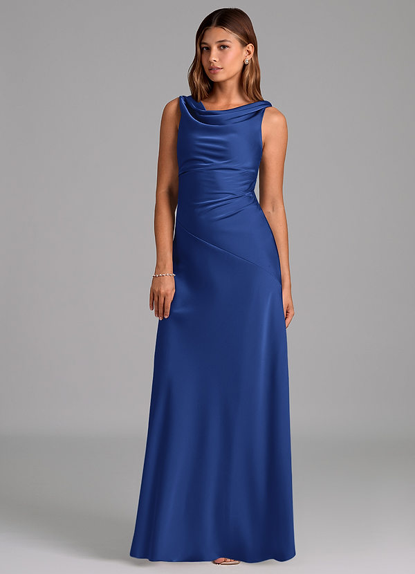 Azazie Nerine 신부 들러리 드레스 A라인 주름진 스트레치 새틴 바닥 길이 드레스 image1