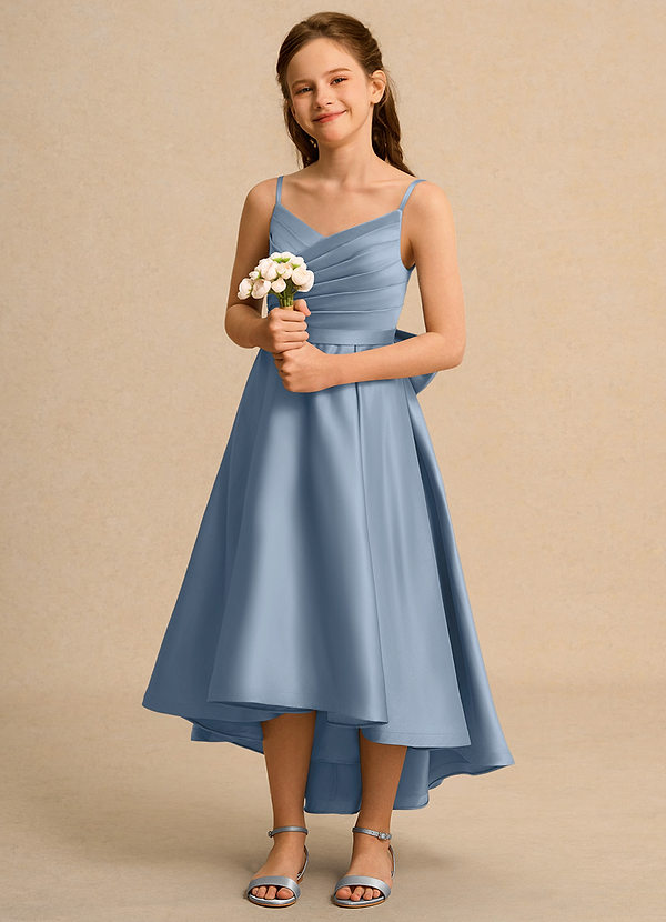 Azazie Sweets Girl Bloemenmeisjes Jurken A-Lijn Jurk van Mat Satijn Geplooid Stoffig Blauw image1