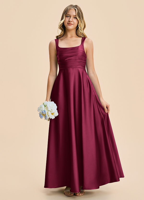 Azazie Azaria Junior A-Linie Plissee Stretch-Satin Kleid Burgund image1