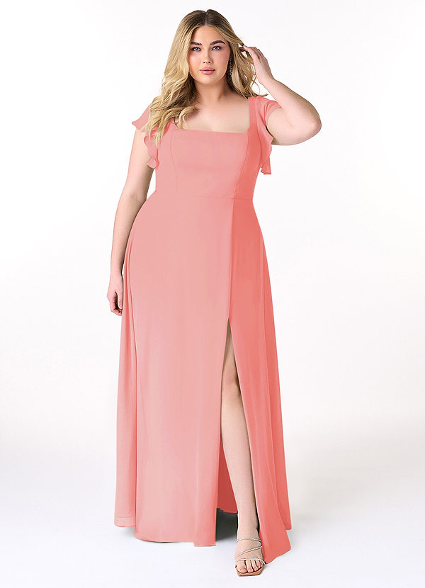 Azazie Bondi Bridesmaid Dresses Coral A-Line Ruffled Chiffon Dress image1