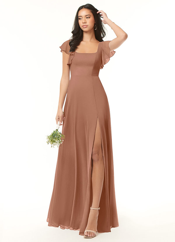 Azazie Bondi Bridesmaid Dresses Bronzer Flowy Ruffled Chiffon Dress image1