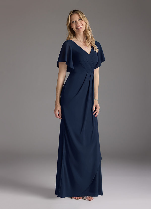 Azazie Song Vestidos de Madre de la Novia Vestido de Azul Marino Oscuro de Chifón elástico de Sirena con Cuello en V Plisado image1