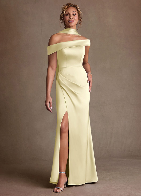 Azazie Kamala Vestidos de Madre de la Novia Vestido de Sorbete De Limón de Satén Elástico de Corte Recto con Hombro unilateral image1