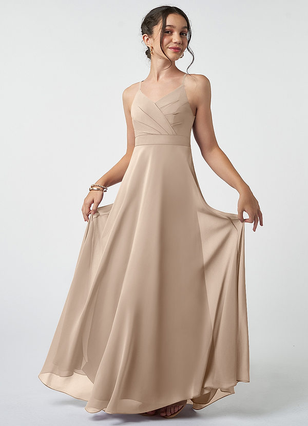 Azazie Avelina Junior A-Linie Plissee Chiffon Kleid Taupe image1
