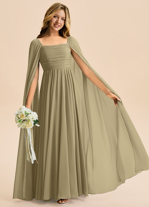 Azazie Calista Junior Moss Green A-Line Pleated Chiffon Dress image1