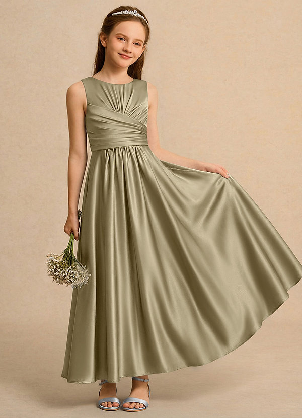 Azazie Ducky Girls Formal Flower Girl Dresses Moss Green A-Line Pleated Stretch Satin Dress image1
