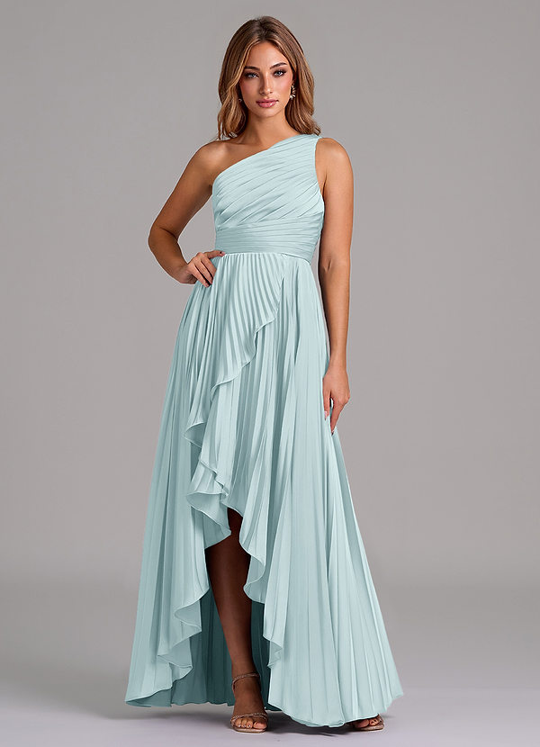 Azazie Lyrica 신부 들러리 드레스 A라인 한쪽 어깨 스트레치 새틴 비대칭 드레스 image1