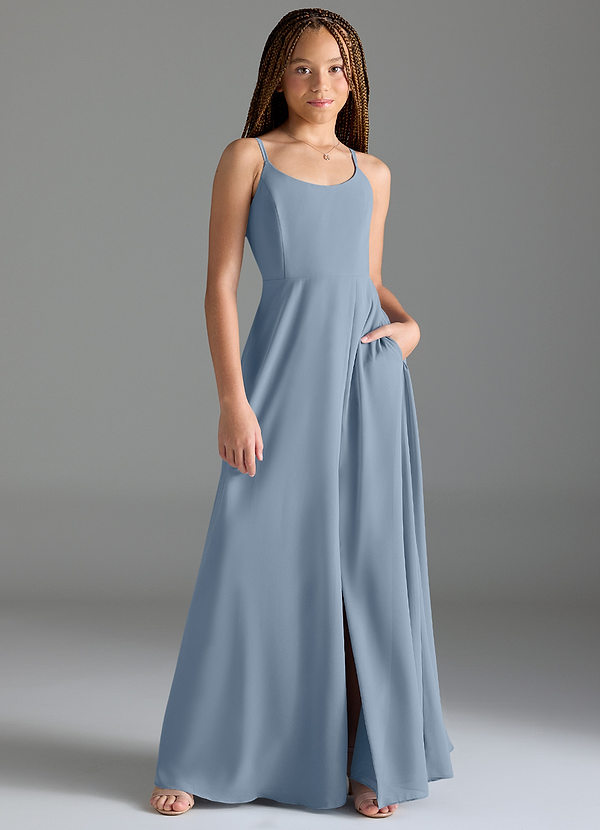 Azazie Moira Junior Abito A-Line in Chiffon Con Tasche Blu Polveroso image1