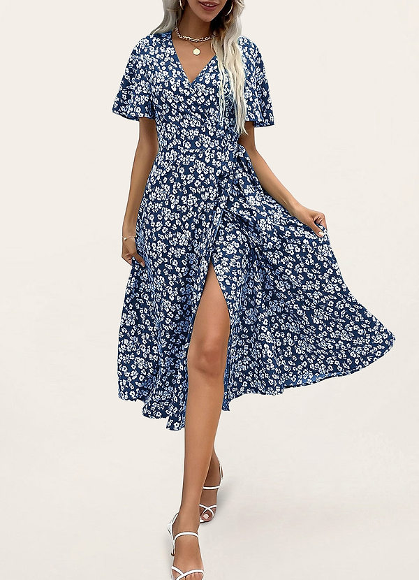 front Express Yourself Navy Blue Floral Print Wrap Dress
