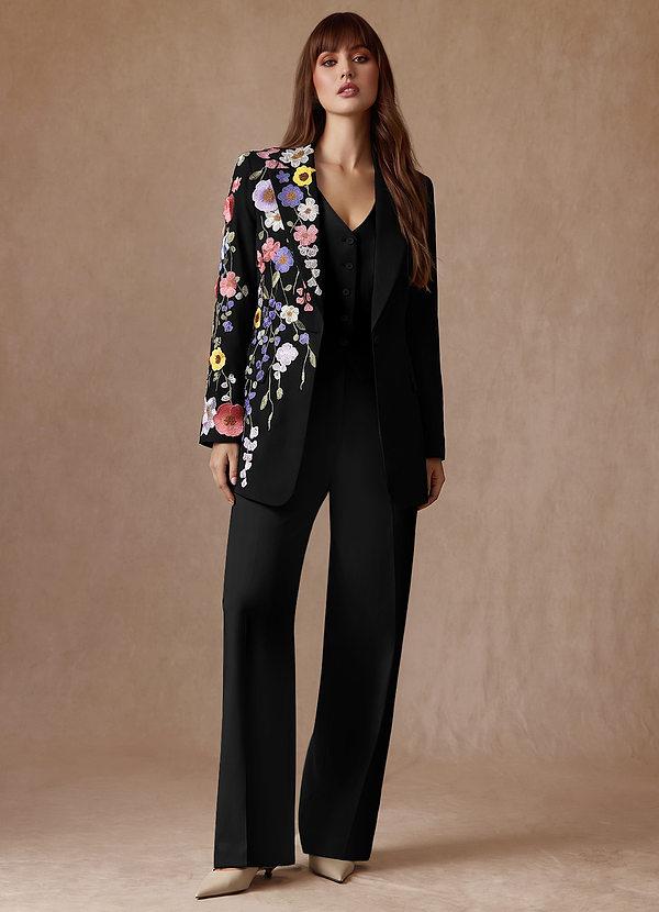 front Elodie Negro Traje de pantalón de 3 piezas con estampado floral y tejido refinado